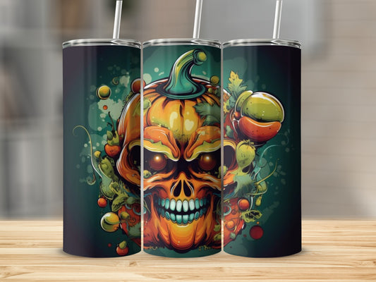 Three tumblers with a Halloween skull and pumpkin design.