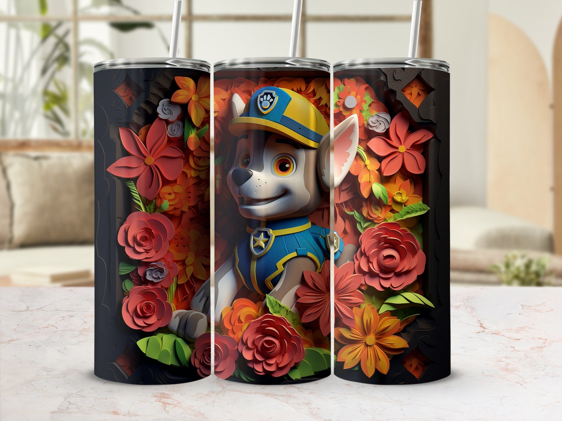 Colorful Floral Paw Patrol Design Tumbler for Kids