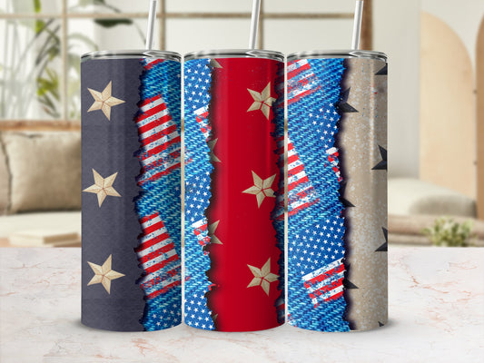 Three tumblers with denim and distressed American flag patterns.