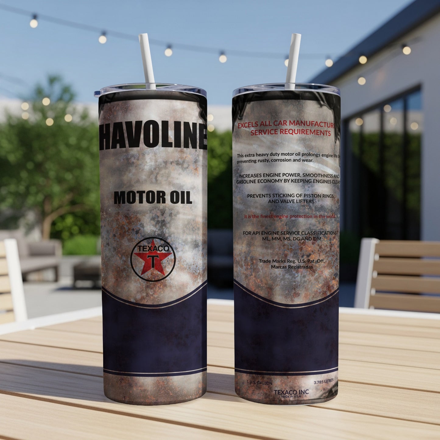 Havoline Motor Oil tumbler with Texaco logo and product information.
