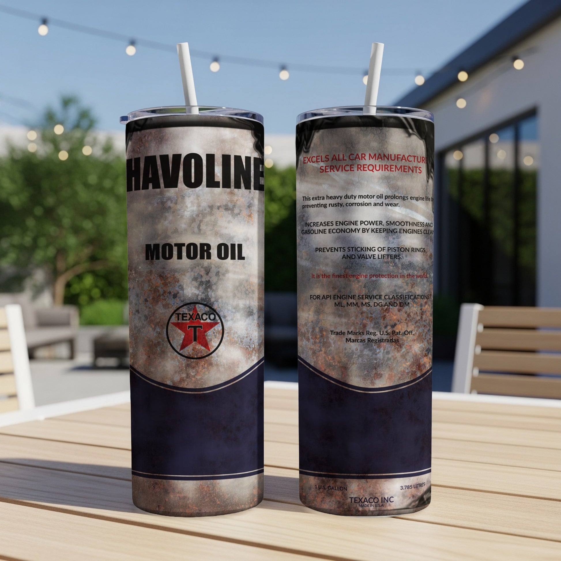 Havoline Motor Oil tumbler with Texaco logo and product information.