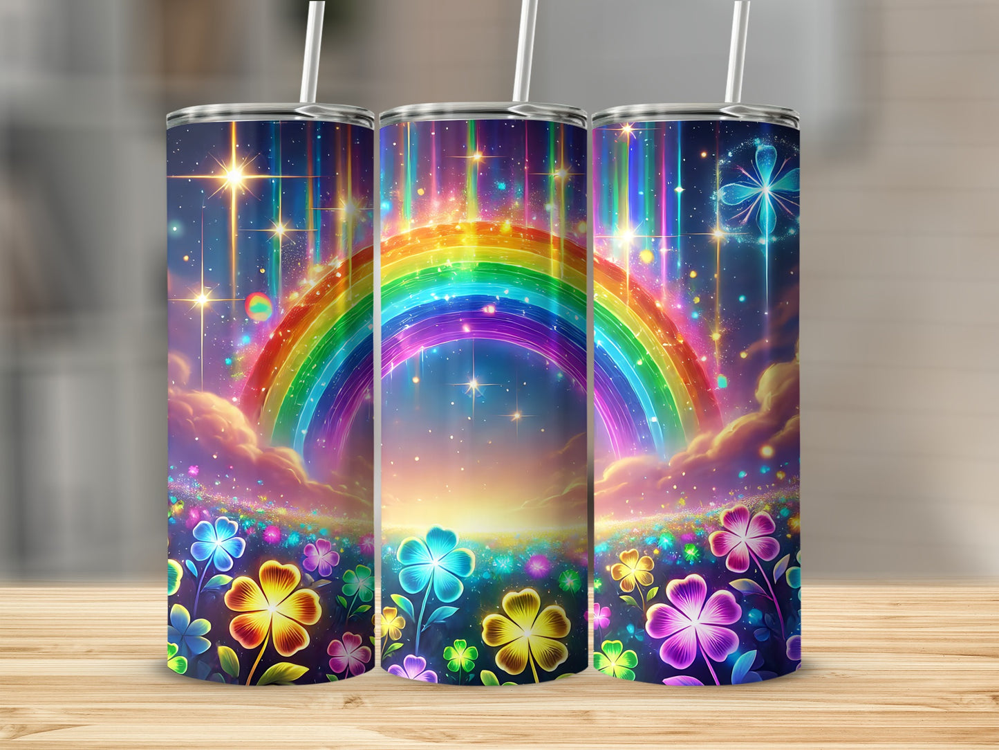 Rainbow and colorful flowers with sparkles on a cylindrical tumbler.