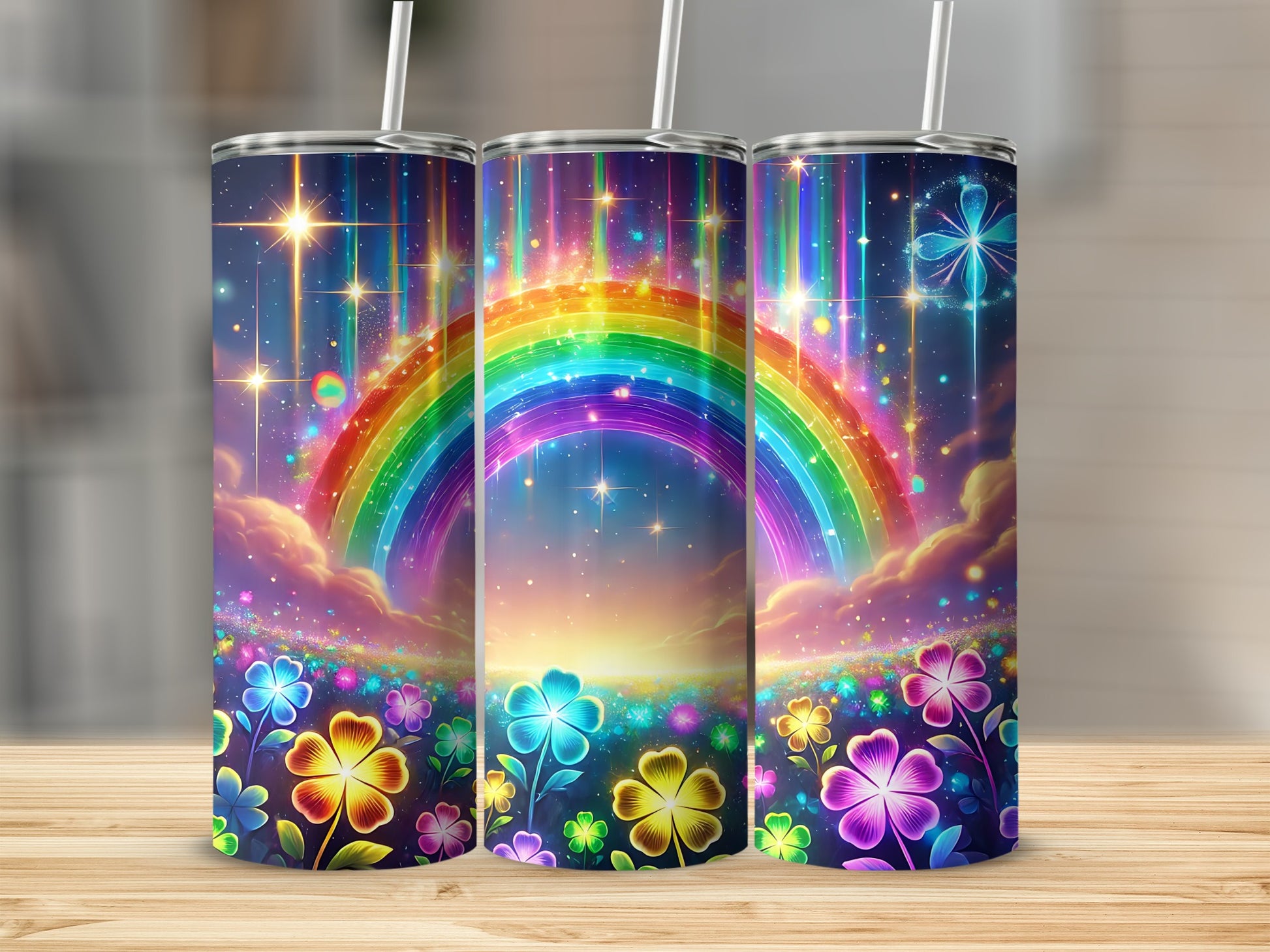 Rainbow and colorful flowers with sparkles on a cylindrical tumbler.