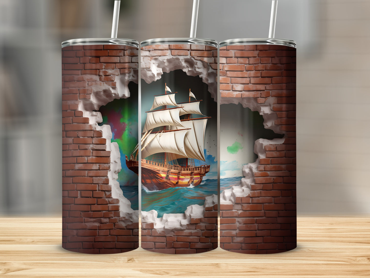 Sailing Ship Breaking Through Brick Wall Tumbler Product