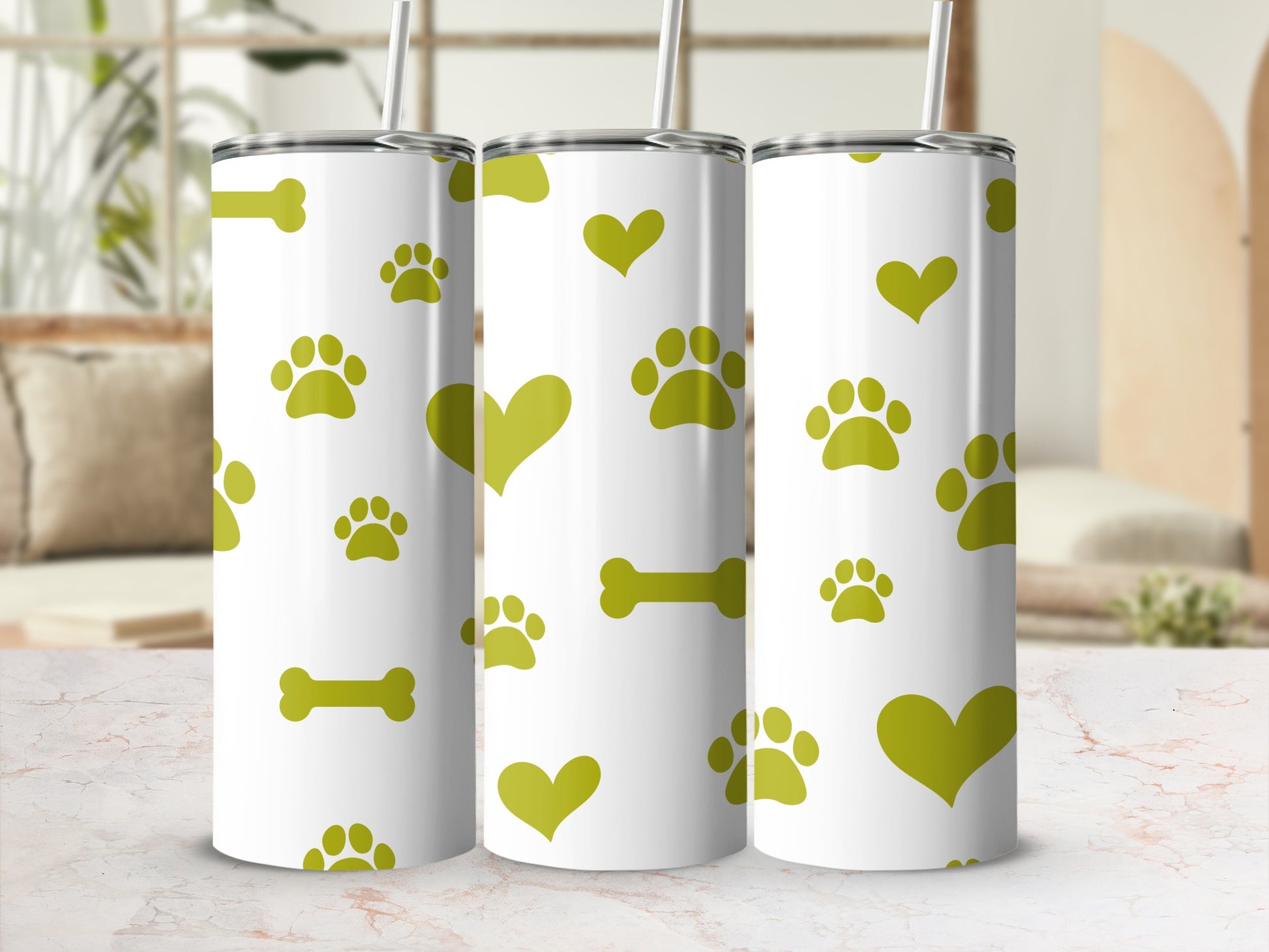 Cute Green Paw Print and Bone Pattern Tumbler Cup