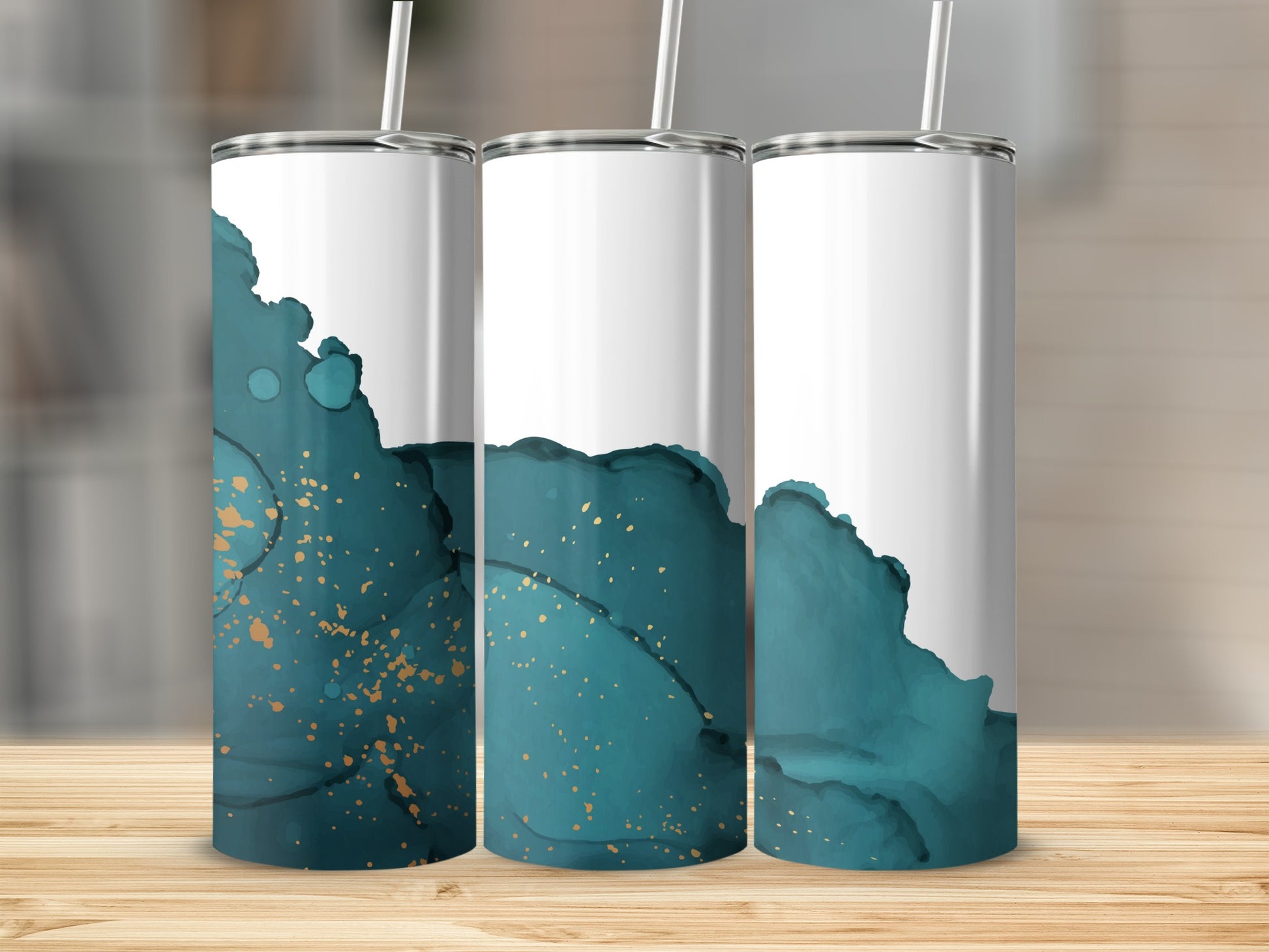 Three tumblers with teal and gold abstract watercolor design.