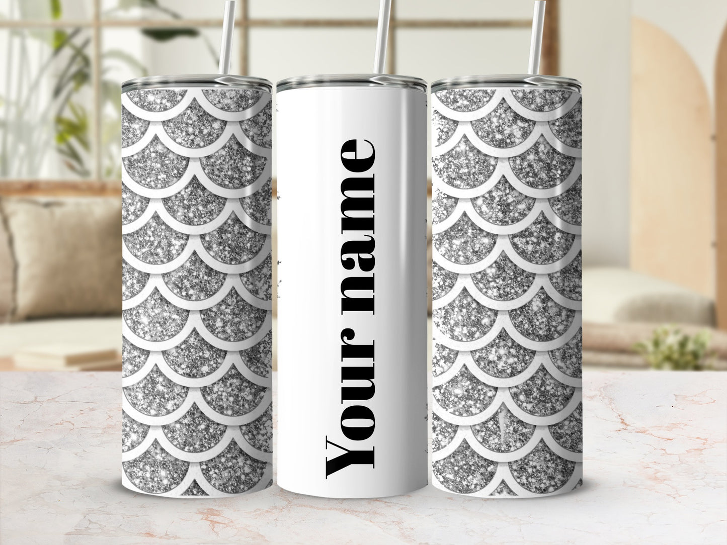 Personalized Glitter Scale Pattern Tumbler with Straw