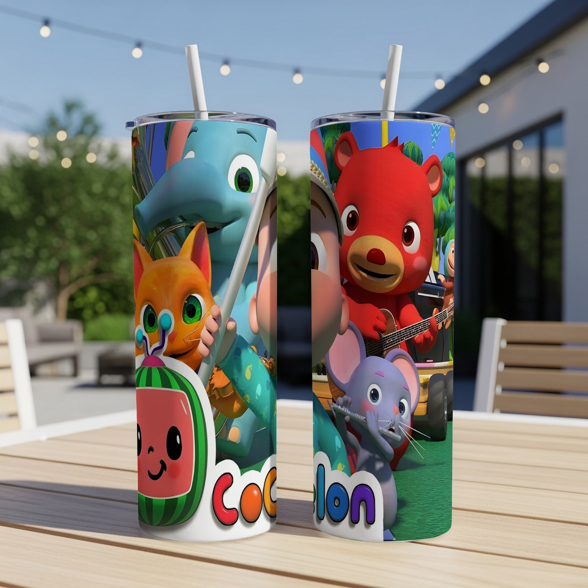 Two Cocomelon tumblers featuring characters and the Cocomelon logo.