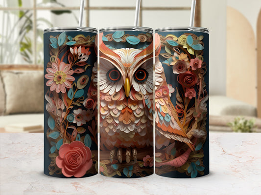 Floral owl tumbler with straw, featuring detailed feather patterns and muted colors.