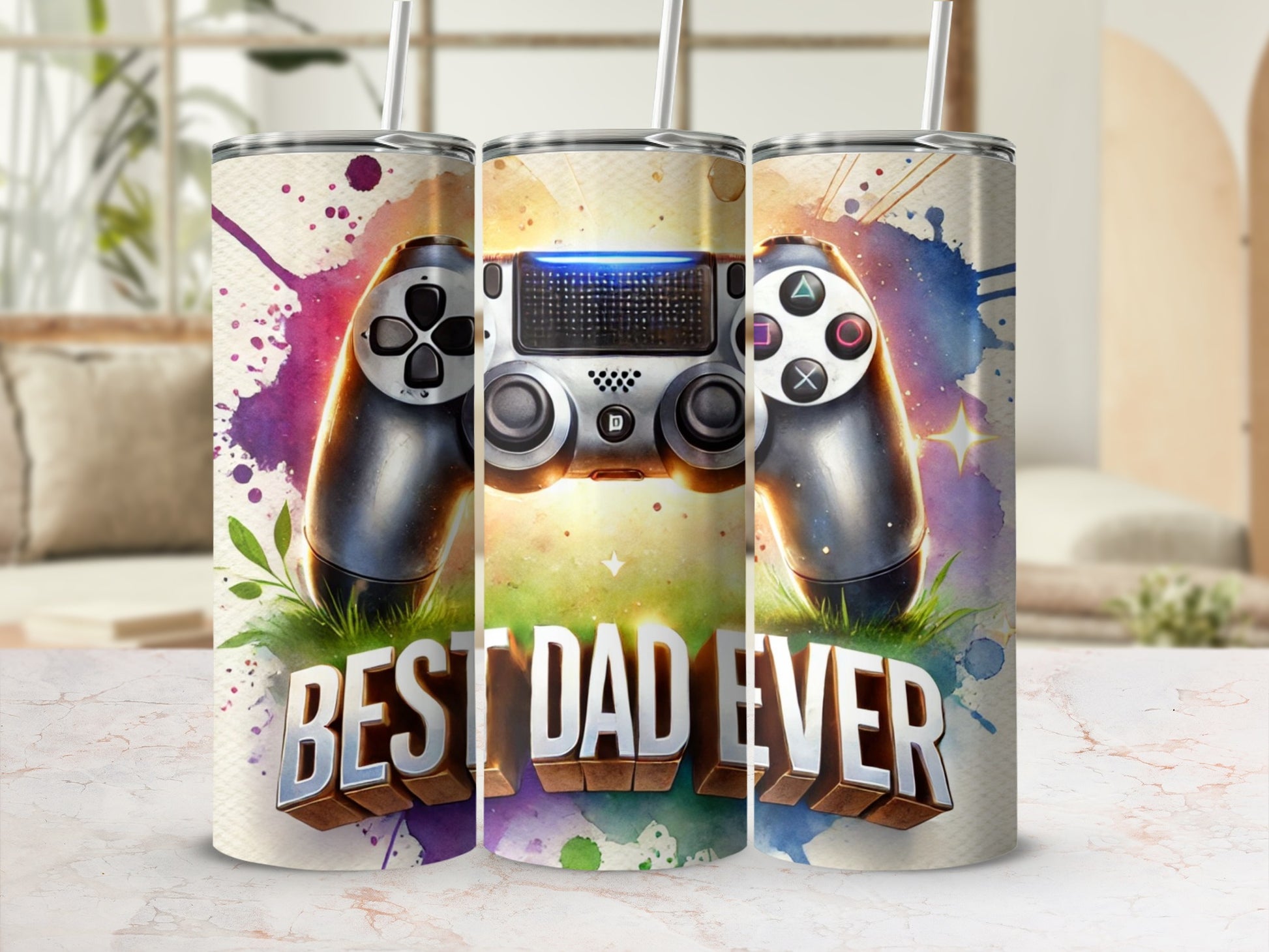 "Best Dad Ever" text on three tumblers with gaming controller design.