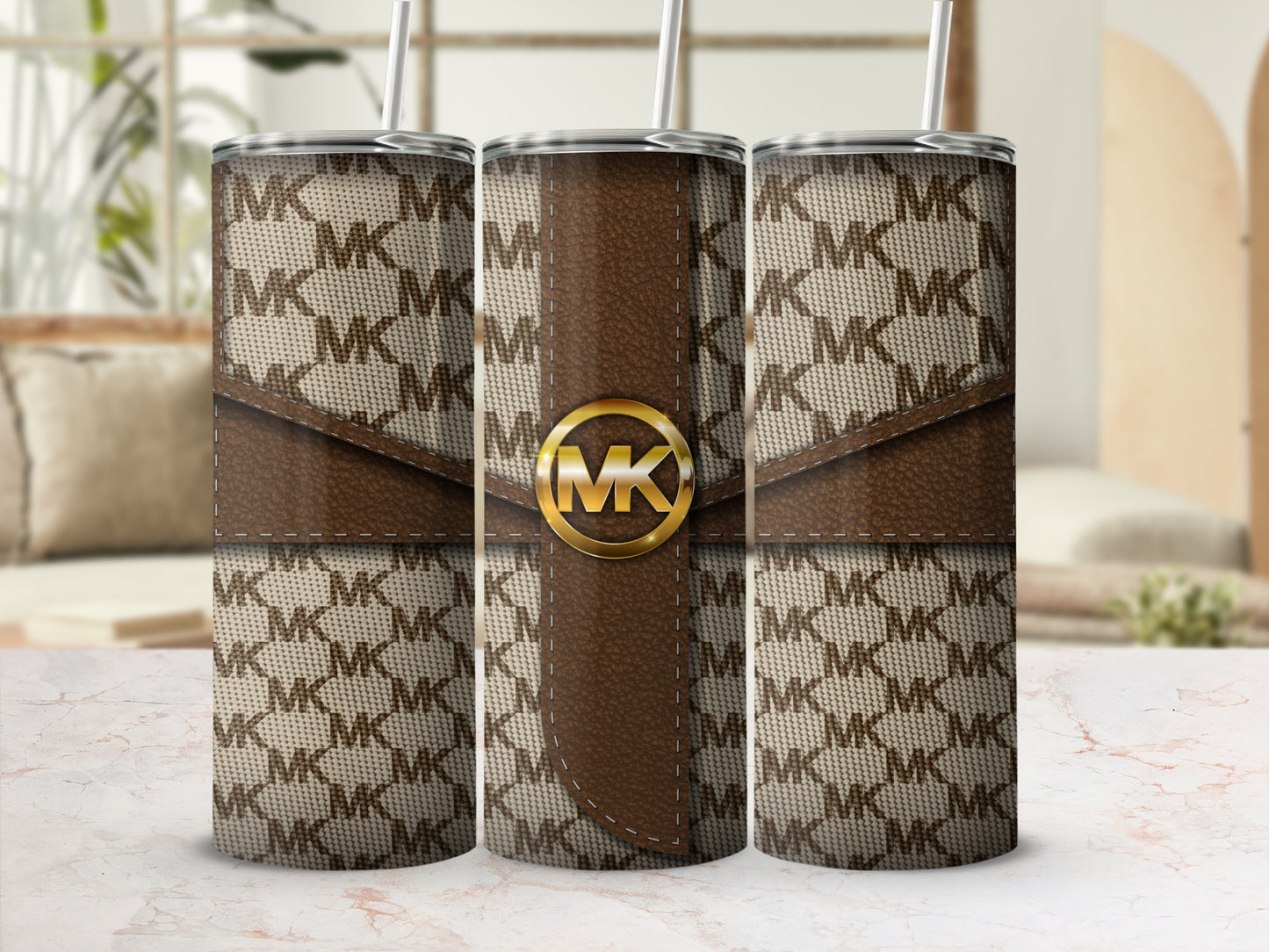 Stylish Monogram Pattern White and Brown Tumbler