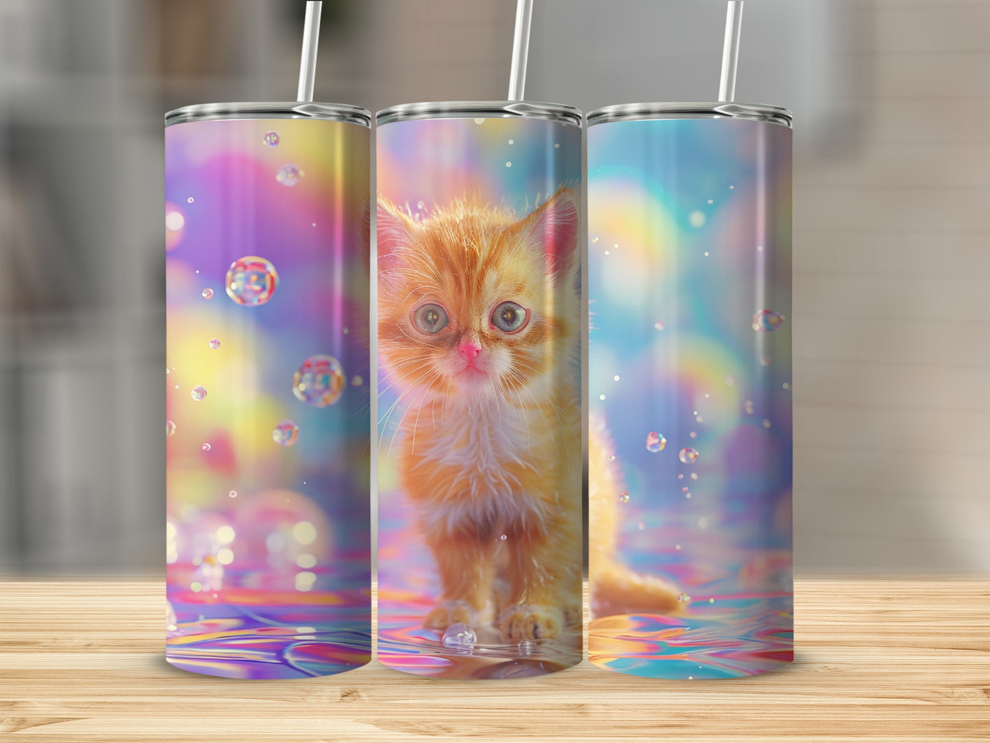 Orange kitten with large eyes on a colorful, bubbly background.