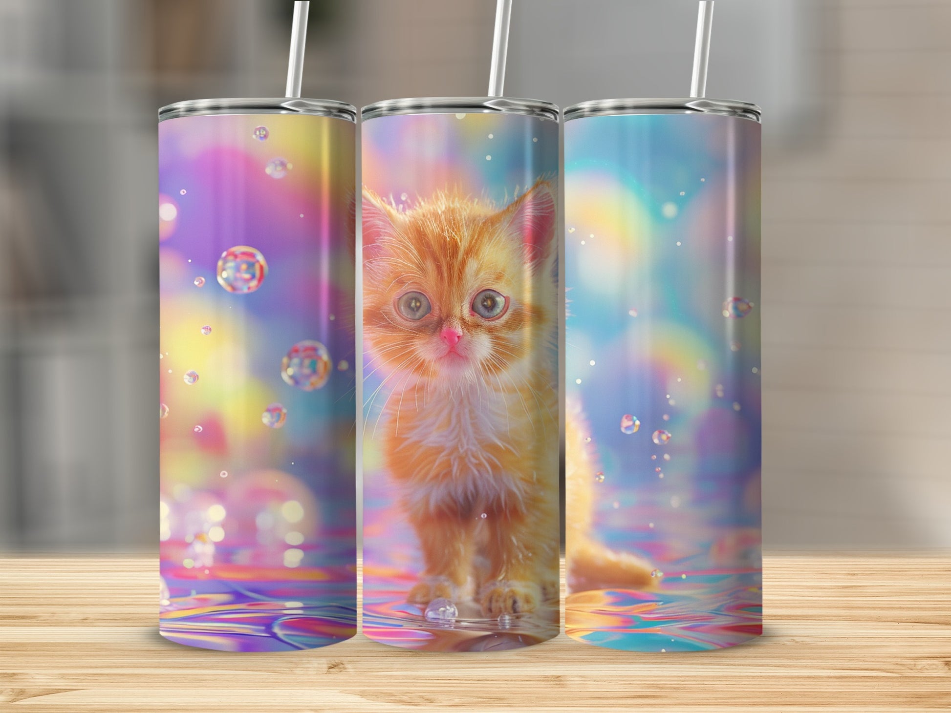 Orange kitten with large eyes on a colorful, bubbly background.