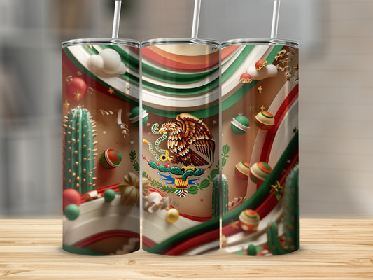 Three tumblers with Mexican flag colors, eagle emblem, and desert imagery.