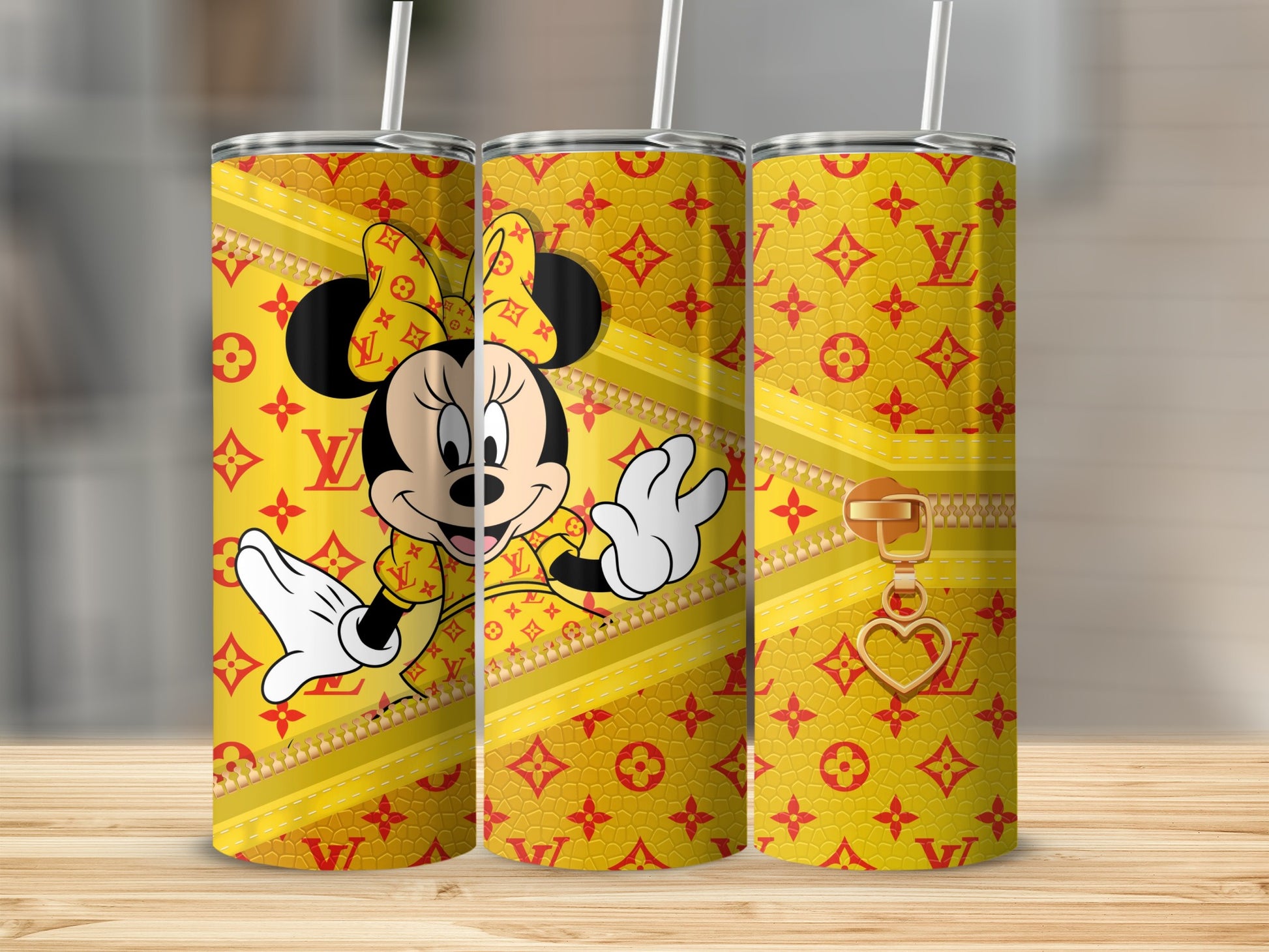Minnie Mouse on yellow background with LV pattern and gold zipper detail.