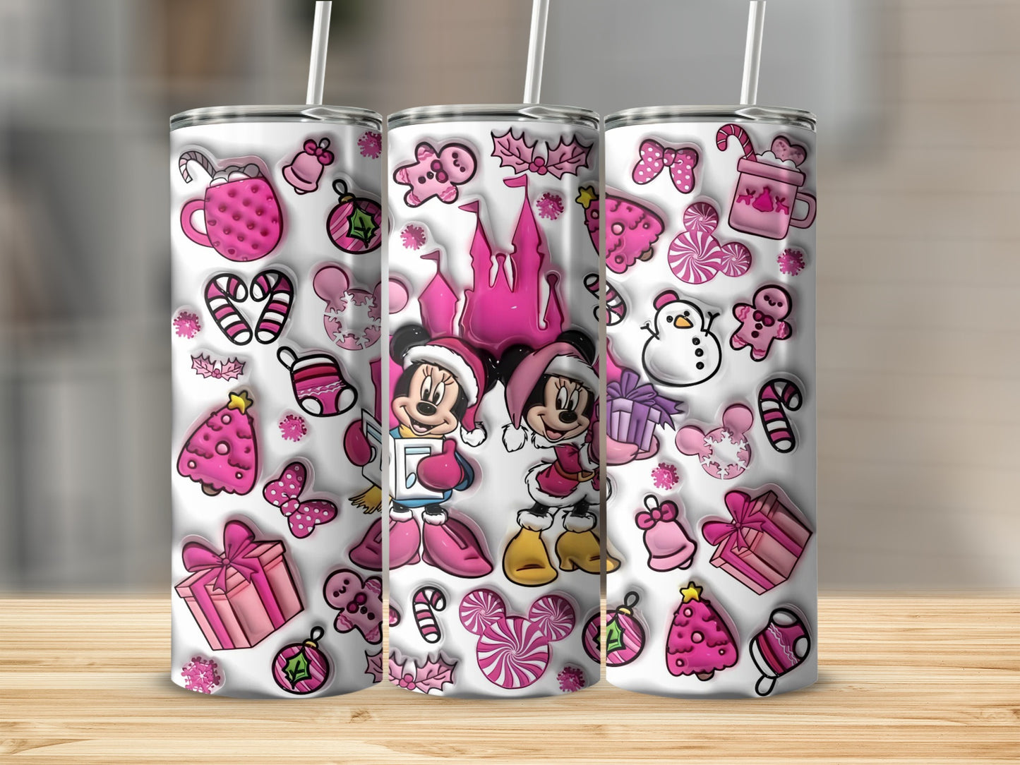 Festive pink Disney characters Christmas tumbler