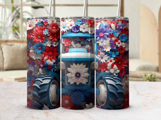 Tractor with red, white, and blue flowers.
