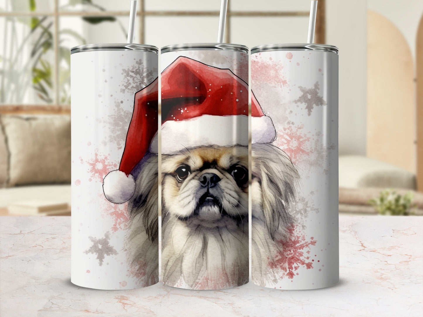 Christmas-themed tumbler with watercolor Pekingese dog wearing a Santa hat.