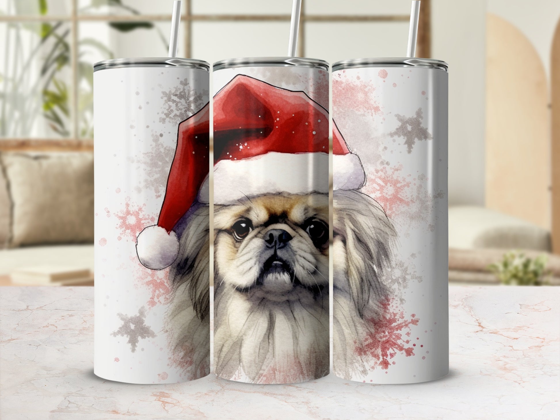 Christmas-themed tumbler with watercolor Pekingese dog wearing a Santa hat.