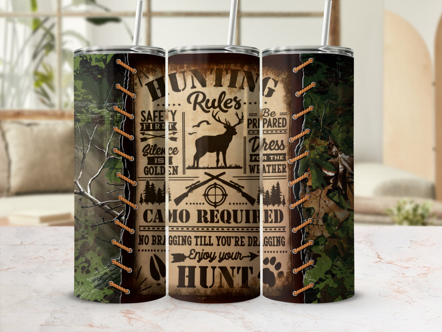 Tumbler with hunting theme, featuring deer, guns, and "Hunting Rules" text.