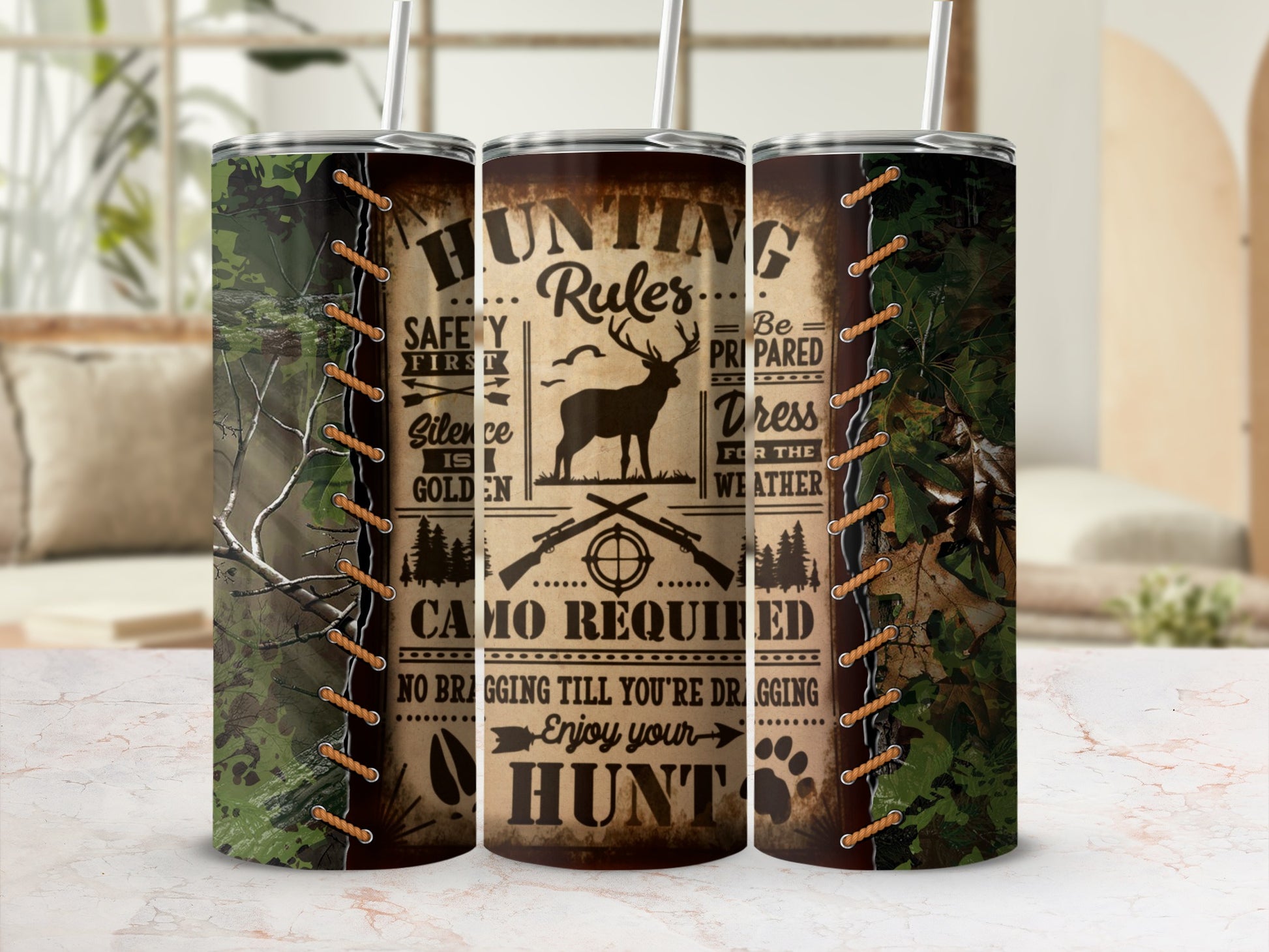 Tumbler with hunting theme, featuring deer, guns, and "Hunting Rules" text.