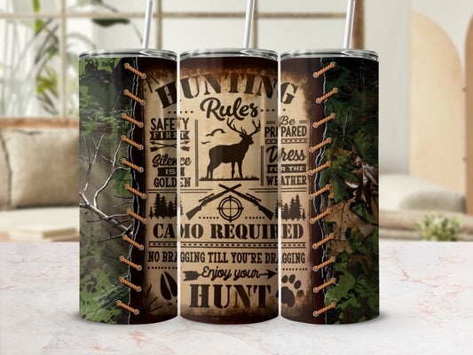 Tumbler with hunting theme, featuring deer, guns, and "Hunting Rules" text.