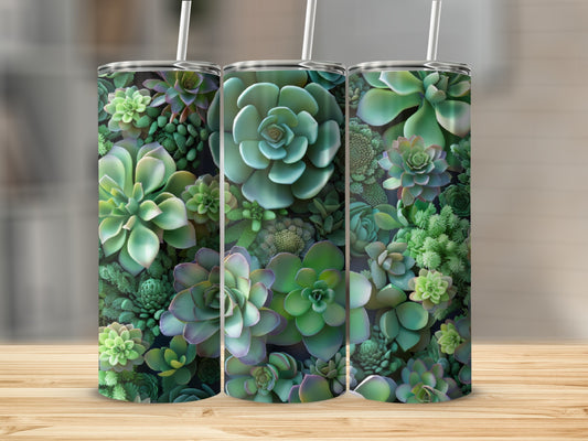 Three tumblers with succulent plant pattern on wooden surface.