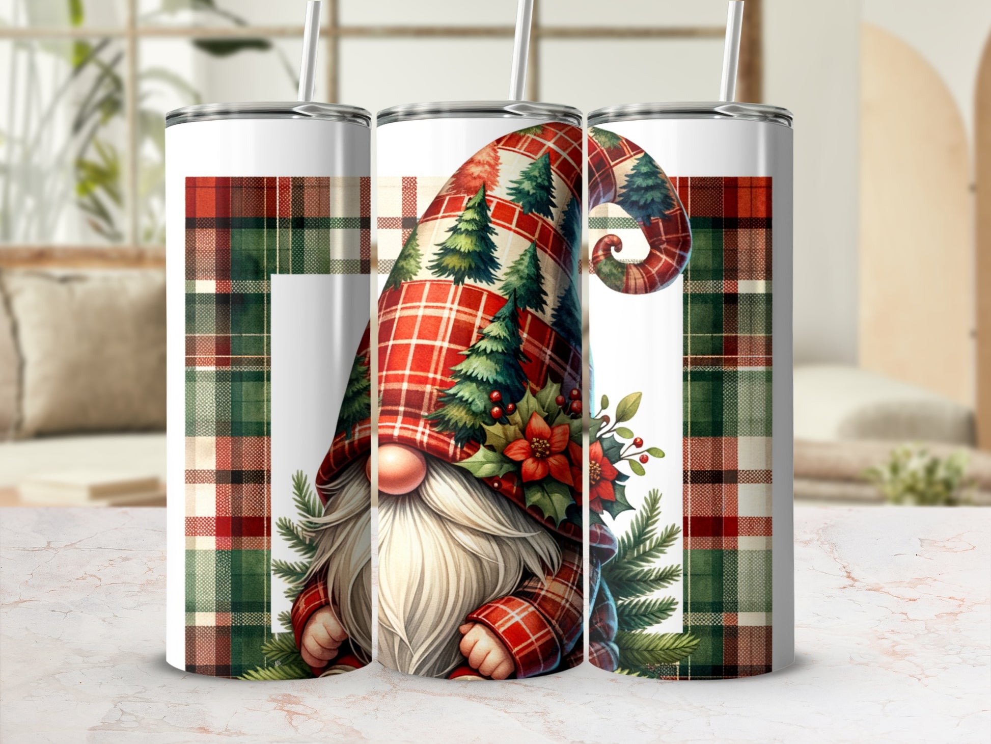 Christmas gnome tumbler with plaid and evergreen design.