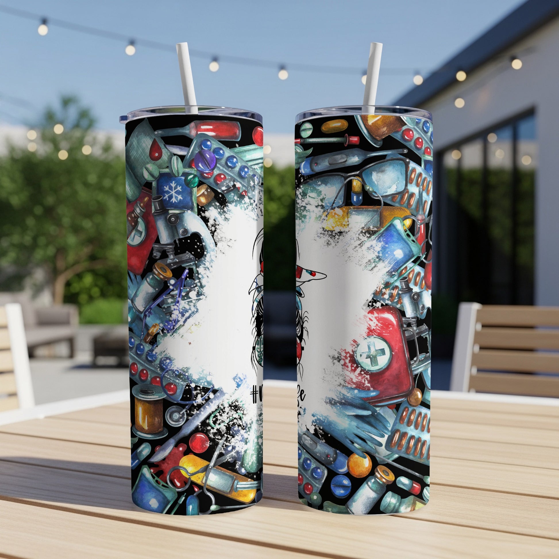 Tumbler with medical graphics, "#NurseLife" text.