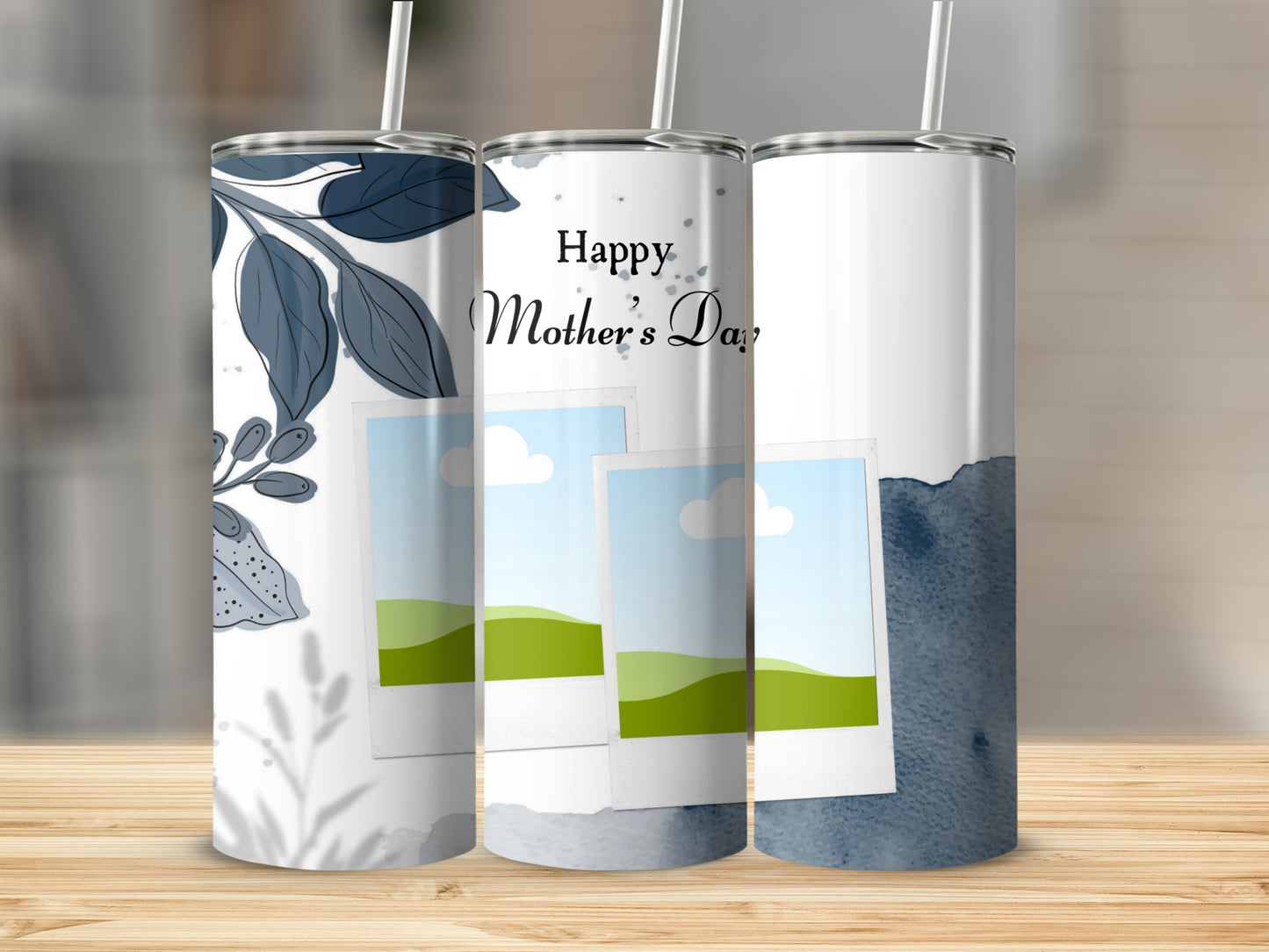 Tumblers with floral design and "Happy Mother's Day" text.