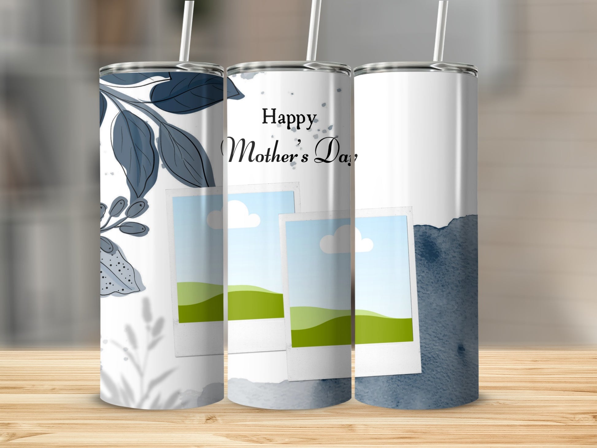 Tumblers with floral design and "Happy Mother's Day" text.