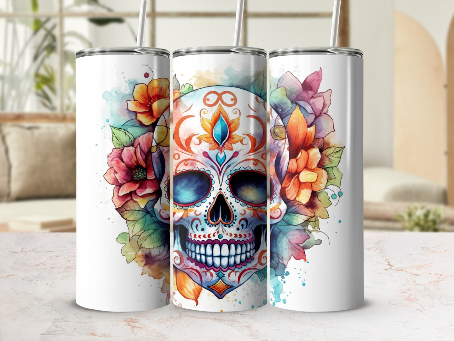Colorful Sugar Skull with Floral Art Tumbler