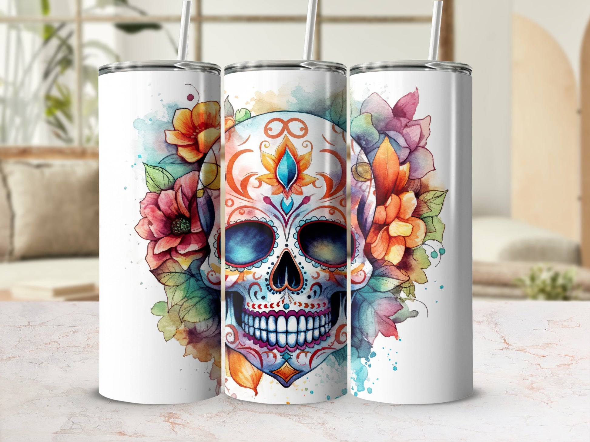 Colorful Sugar Skull with Floral Art Tumbler
