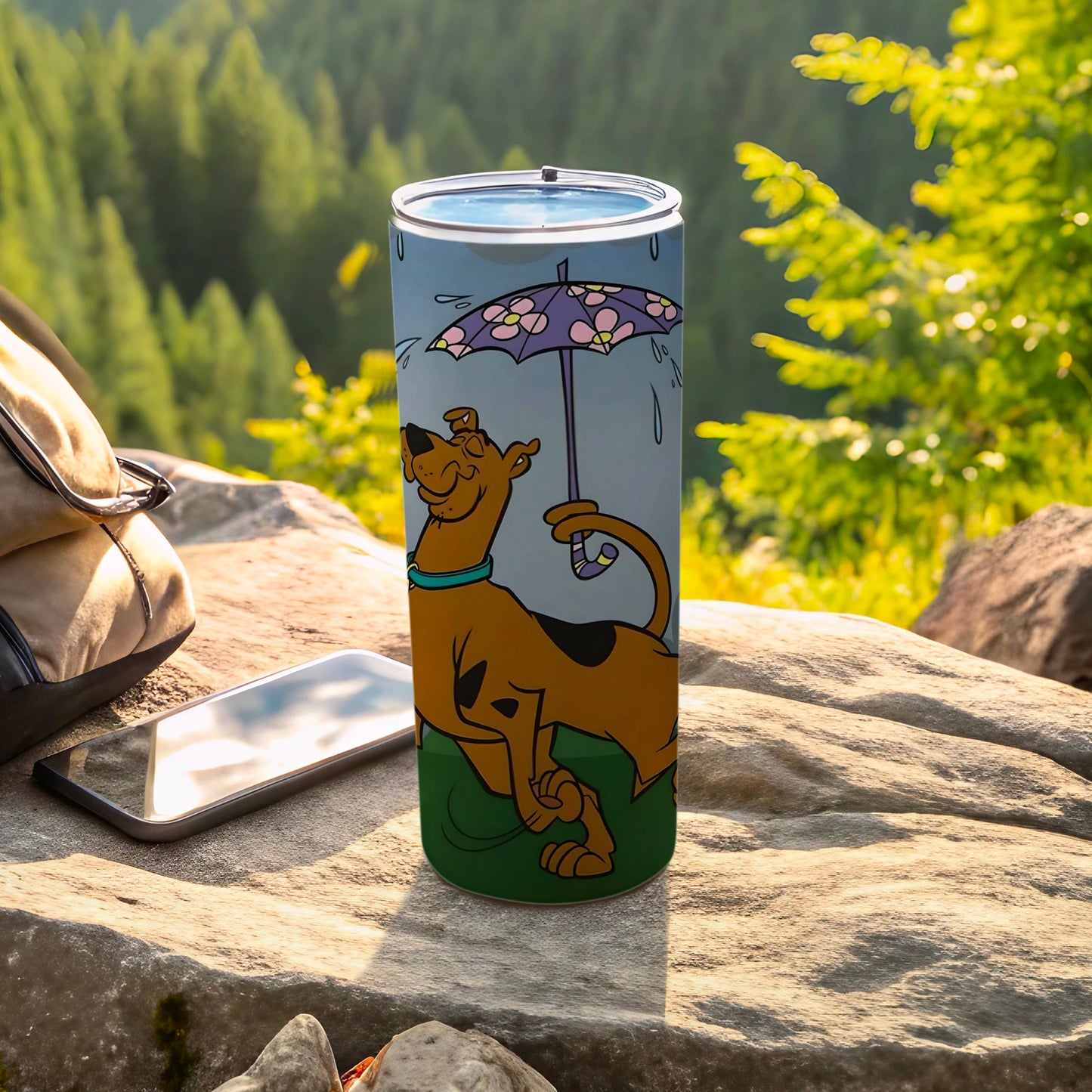 Scooby-Doo cartoon character holding an umbrella on a tall tumbler.