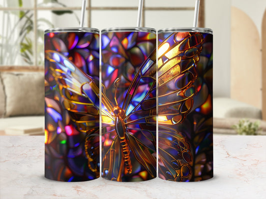 Three tumblers featuring a iridescent stained-glass butterfly design.