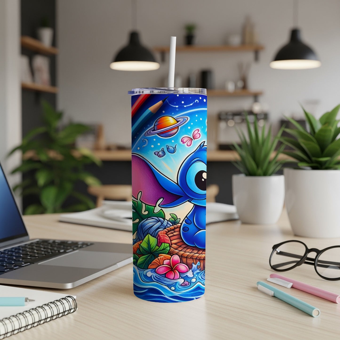 Stitch character illustration on a blue starry background with colorful details.