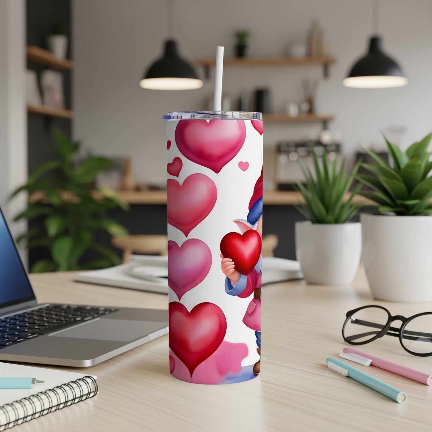 Tumbler with pink hearts and a gnome holding a heart.