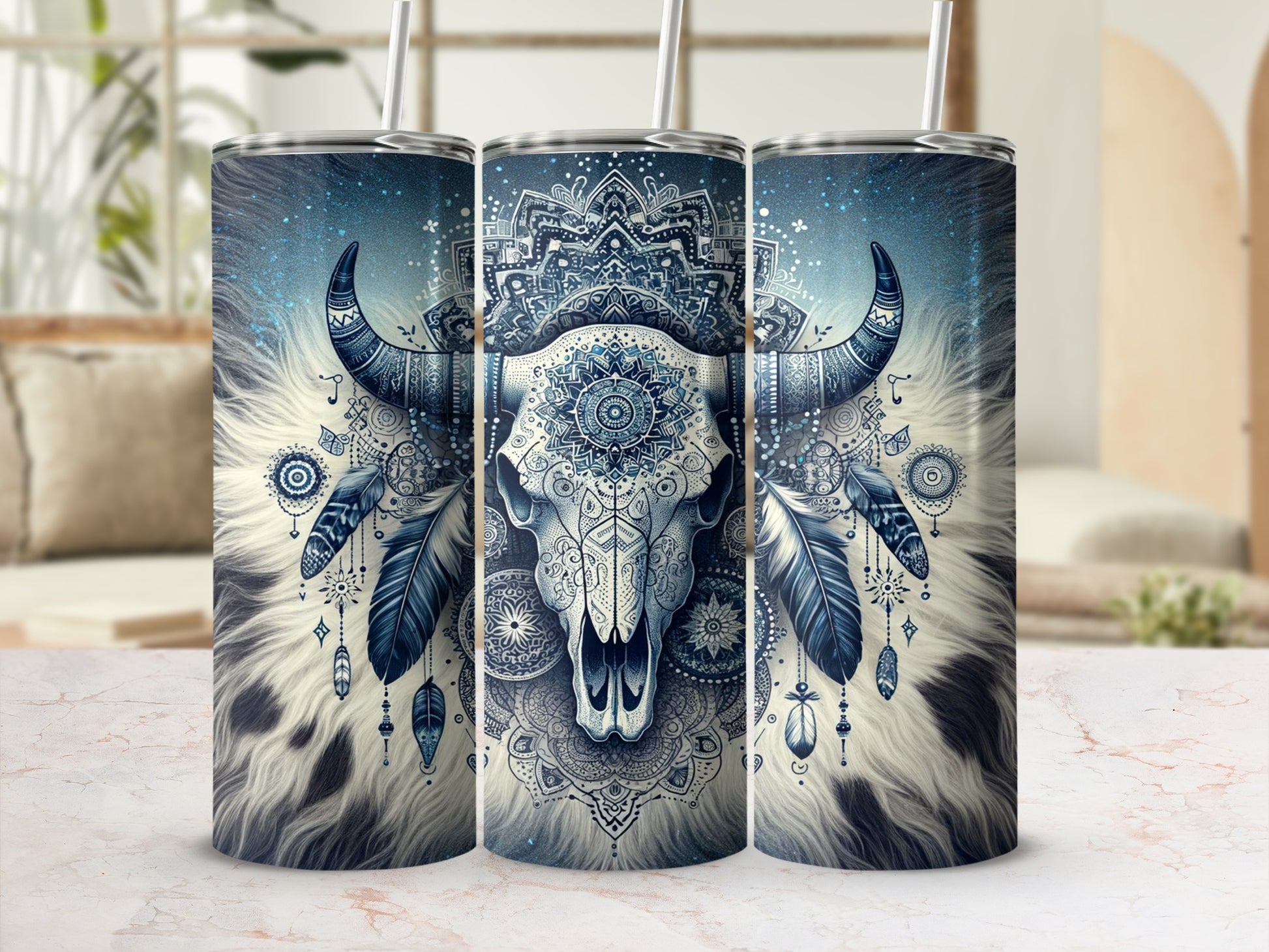 Bull skull with ornate mandala and feathers on a skinny tumbler.