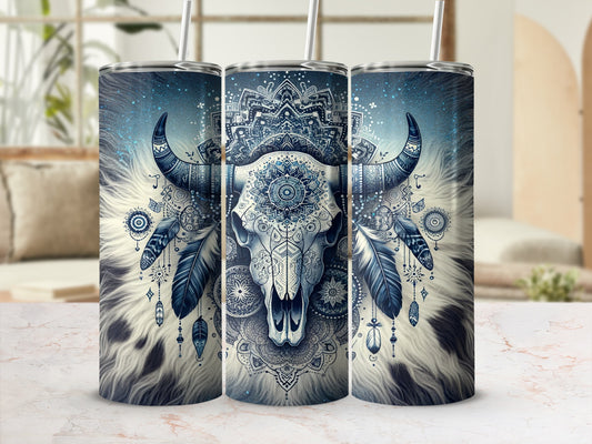 Bull skull with ornate mandala and feathers on a skinny tumbler.