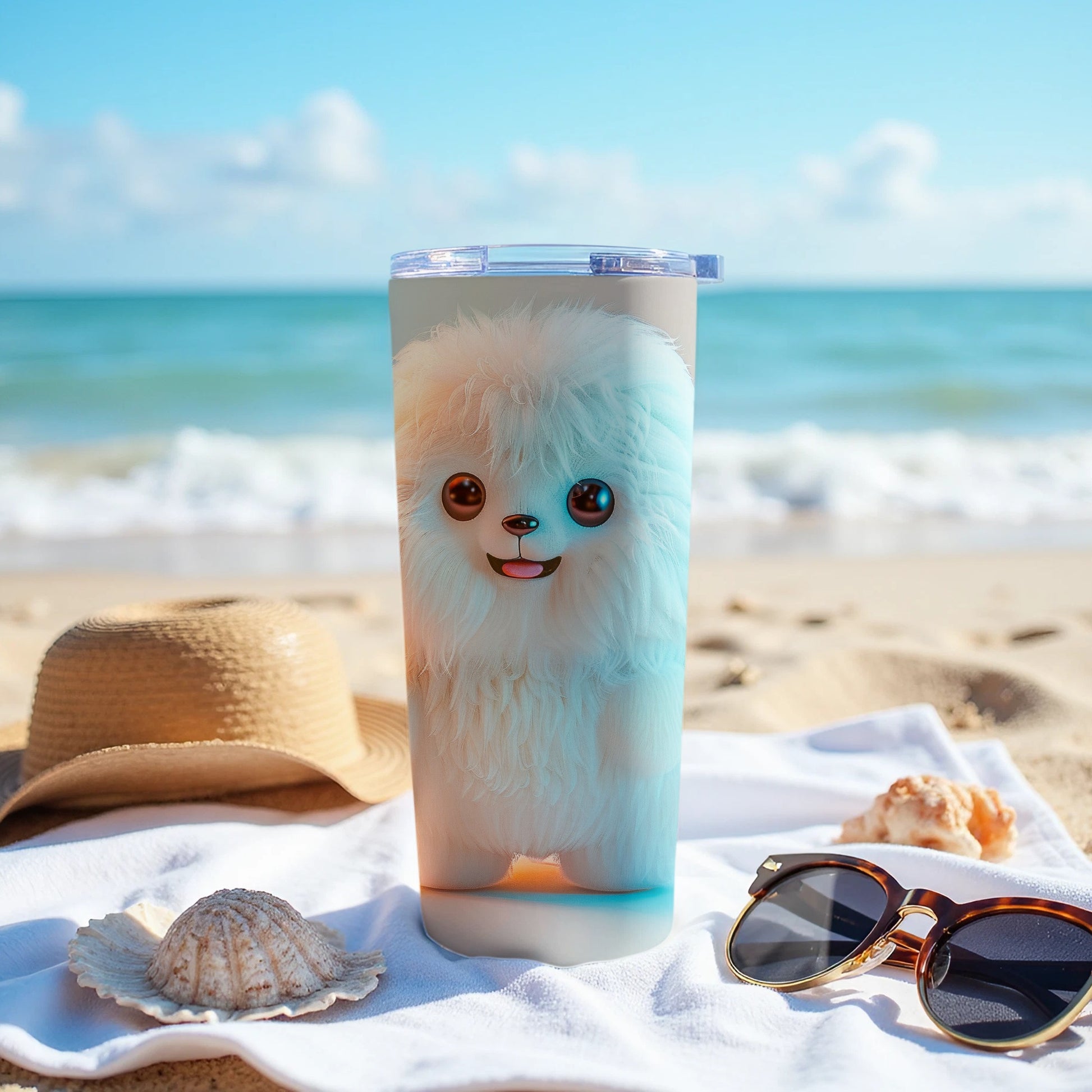 Fluffy Adorable White Creature Ocean Theme Tumbler product type
Tumbler
Cute dog
Fluffy creature
Beach day
Ocean waves
Summer drinkware
Travel mug
Insulated cup
Happy pet
Cartoon animal
Sunny vibes
White fur
Puppy print
Vacation essential
Beach accessory
Drink holder
Kawaii design
Unique gift
Collectible tumbler
Adorable character