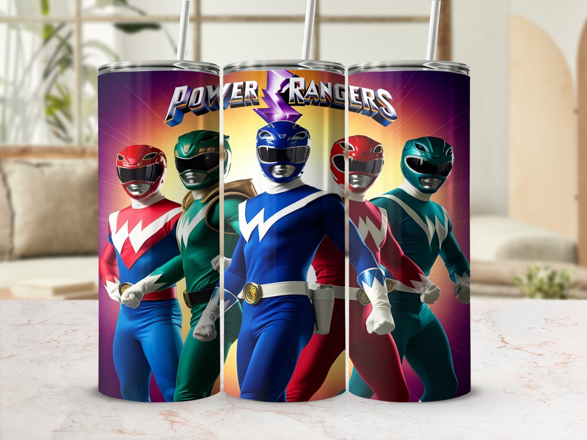 Five Power Rangers in colored suits stand together with "Power Rangers" logo above.