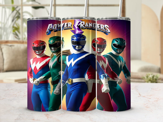 Five Power Rangers in colored suits stand together with "Power Rangers" logo above.