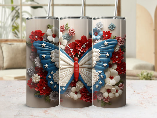 Tumbler with patriotic butterfly and floral design.