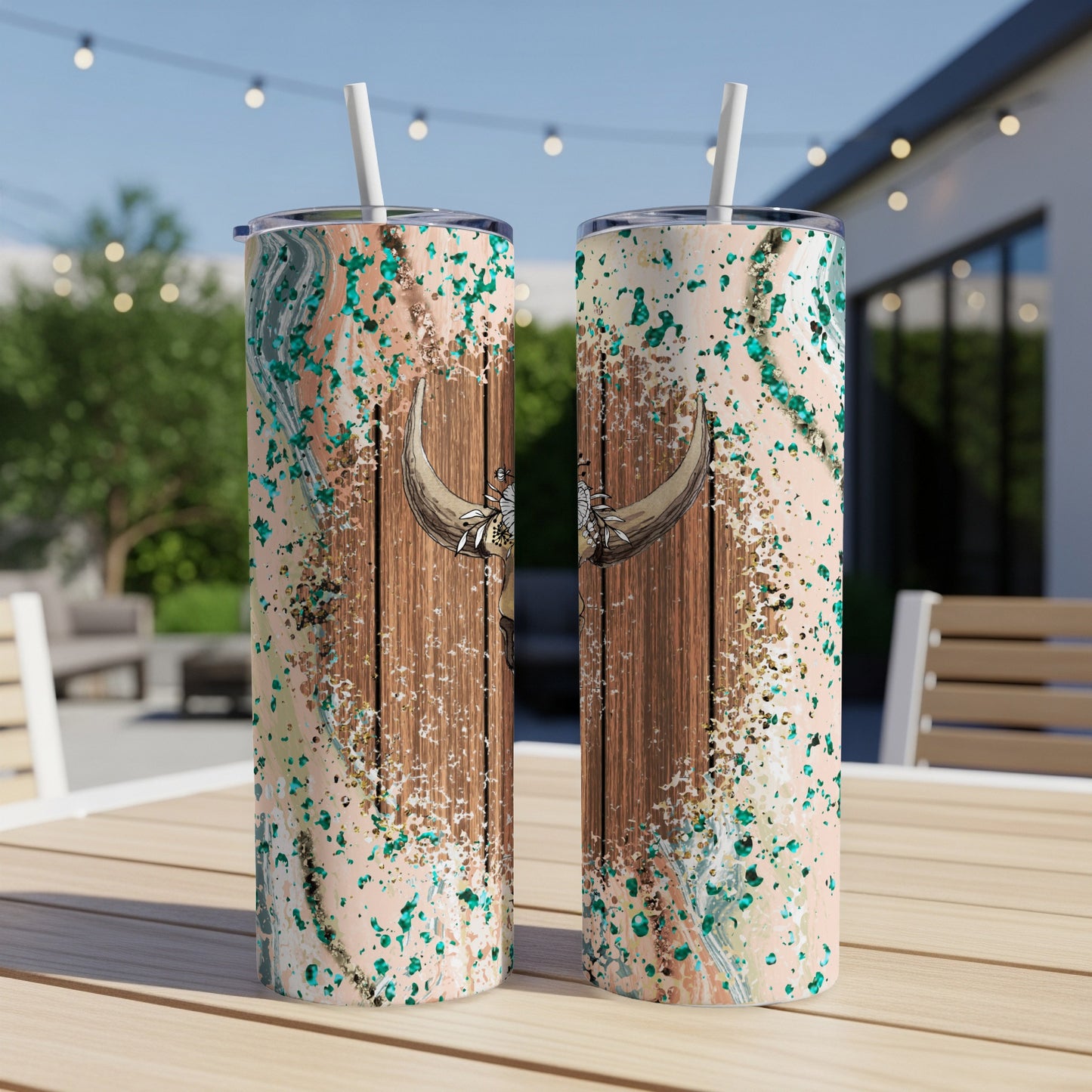 Two tumblers with a wood grain and abstract teal splatter design.