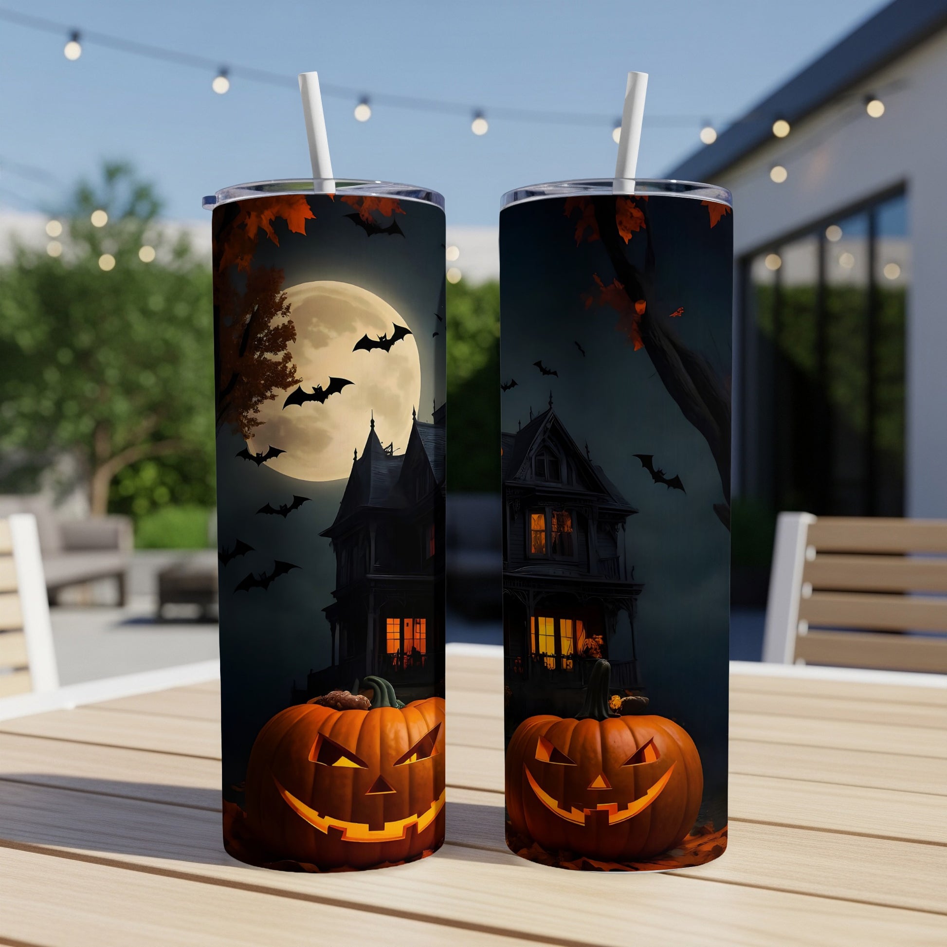Halloween tumblers feature spooky mansions, jack-o'-lanterns, and bats under a full moon.