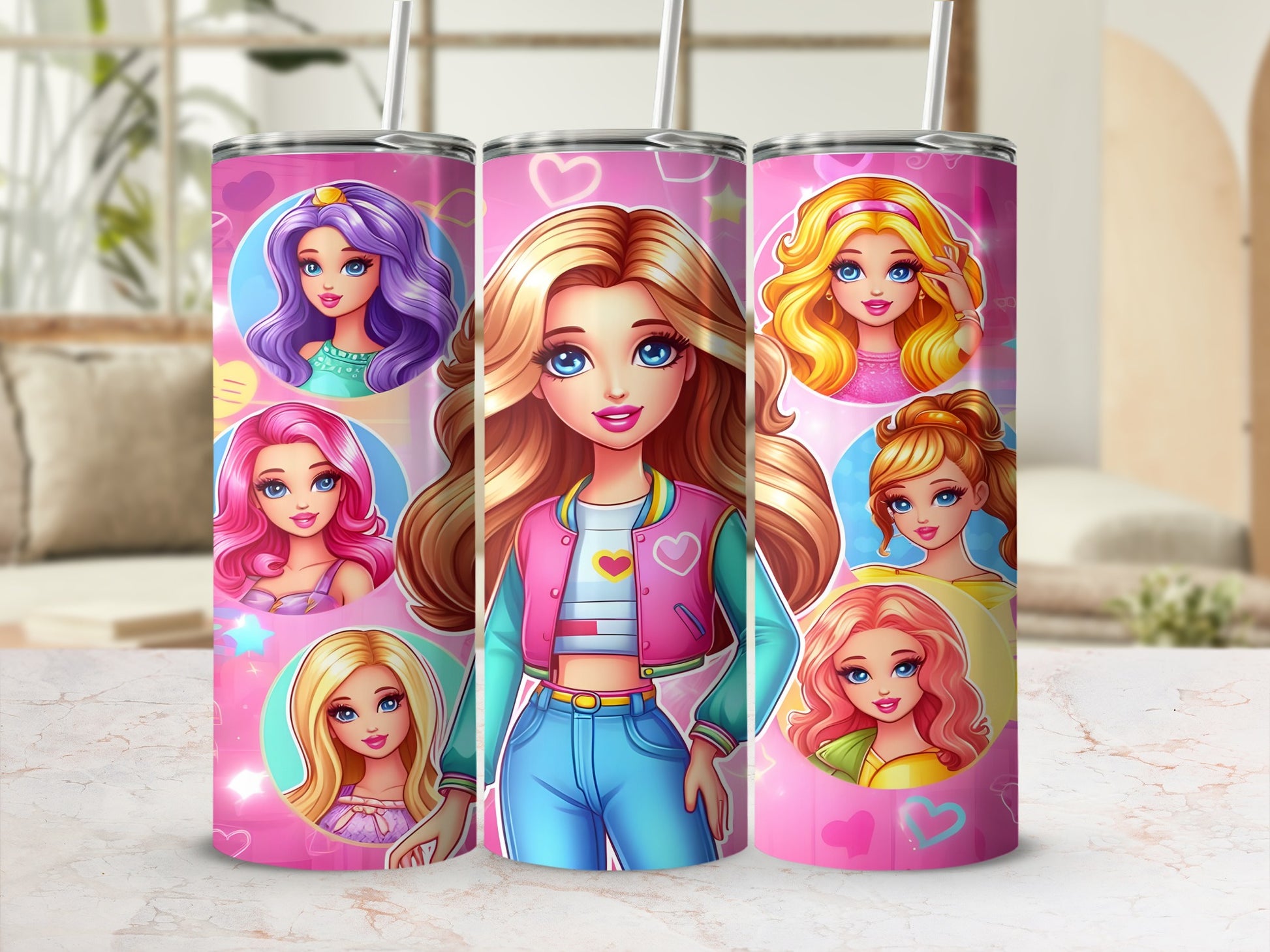Three pink tumblers with Barbie illustrations and straw holders.