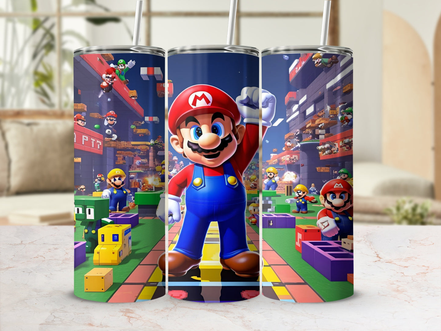 Mario is depicted on a tumbler, surrounded by colorful game elements.