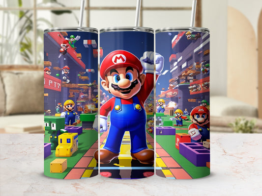 Mario is depicted on a tumbler, surrounded by colorful game elements.