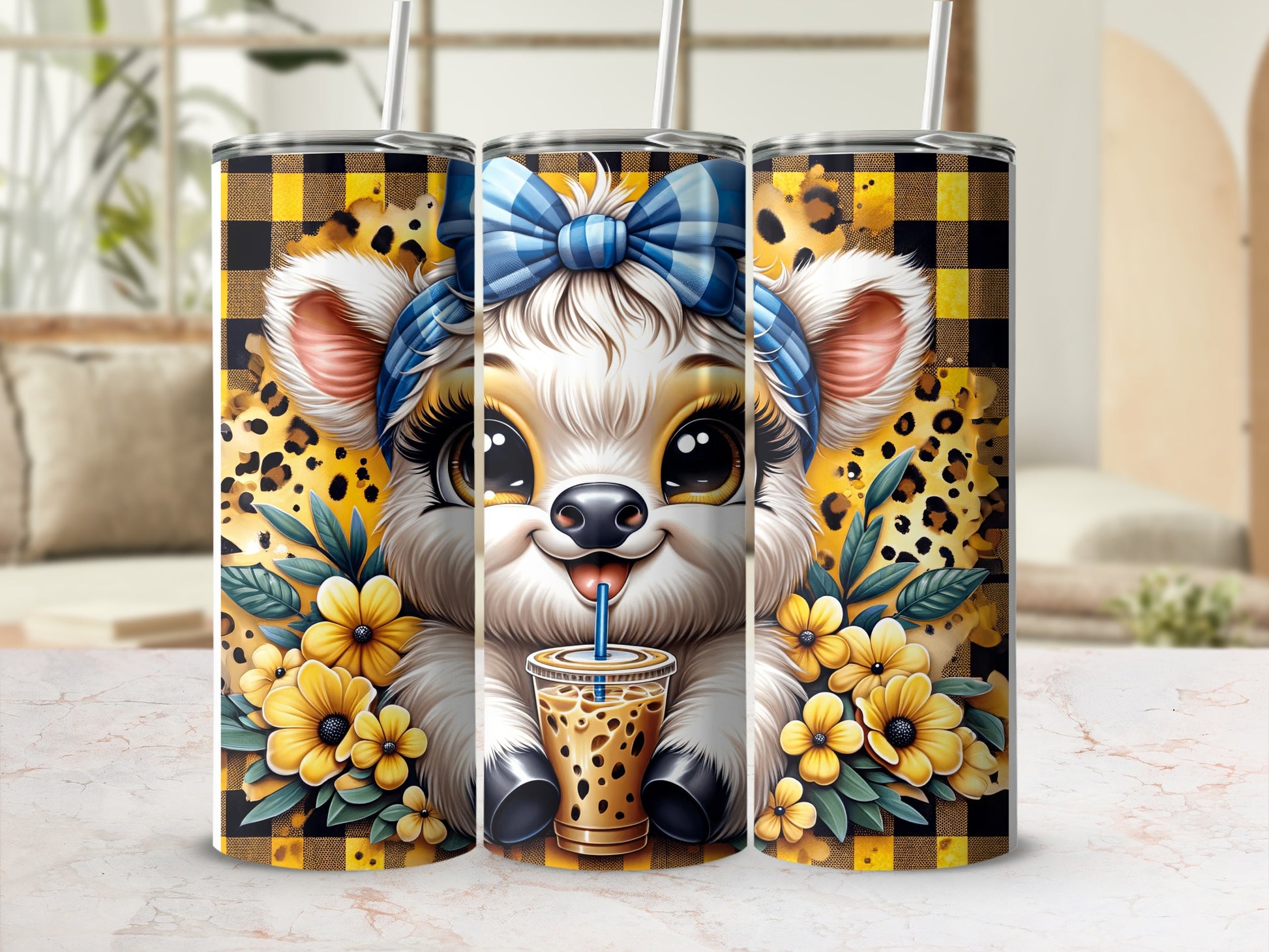 Cute cartoon cow with bow and flowers holding a coffee cup.