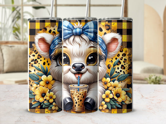 Cute cartoon cow with bow and flowers holding a coffee cup.